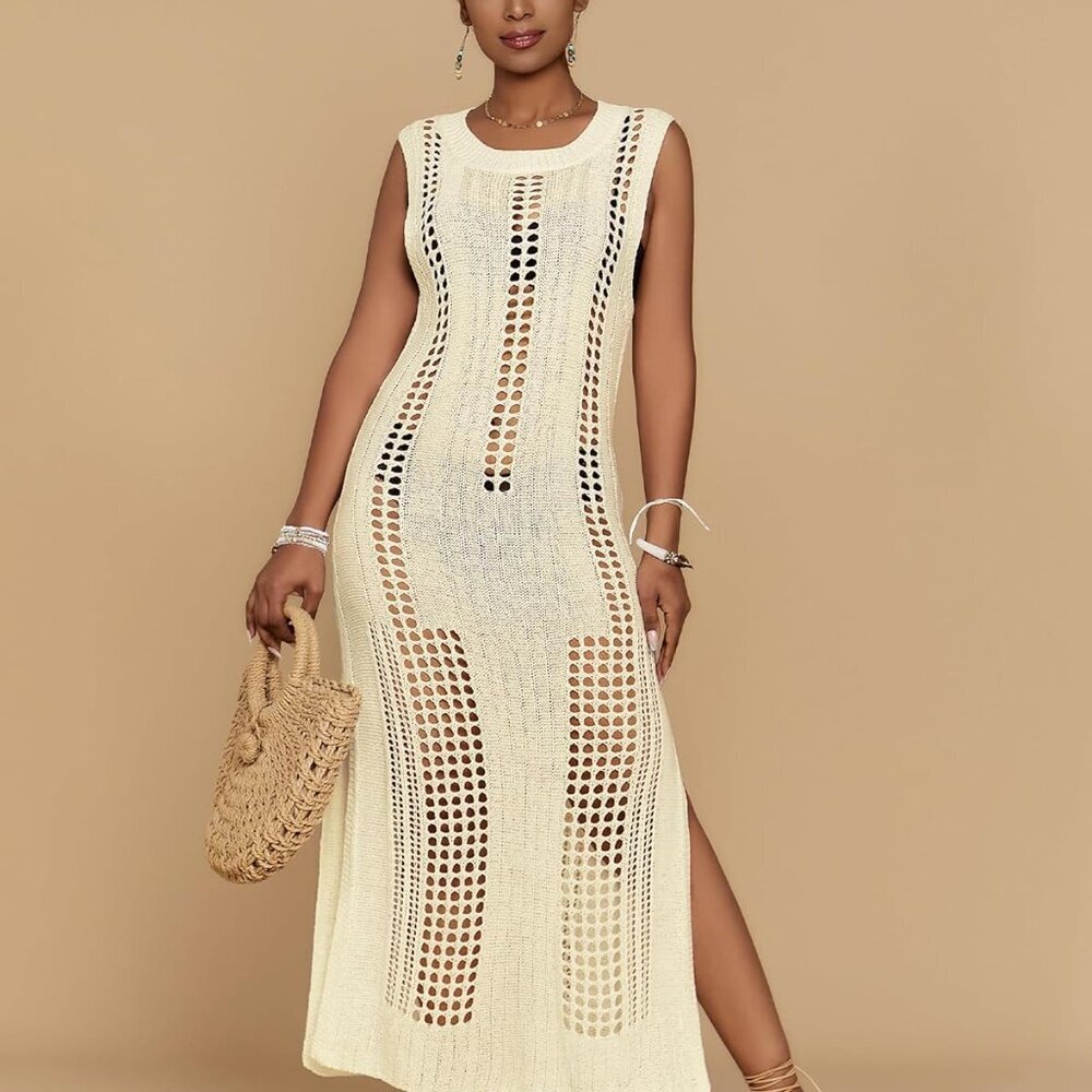 Women’s Crochet Beach Cover Up Sleeveless Summer Knit Swimwear Coverup - Picture 3 of 6